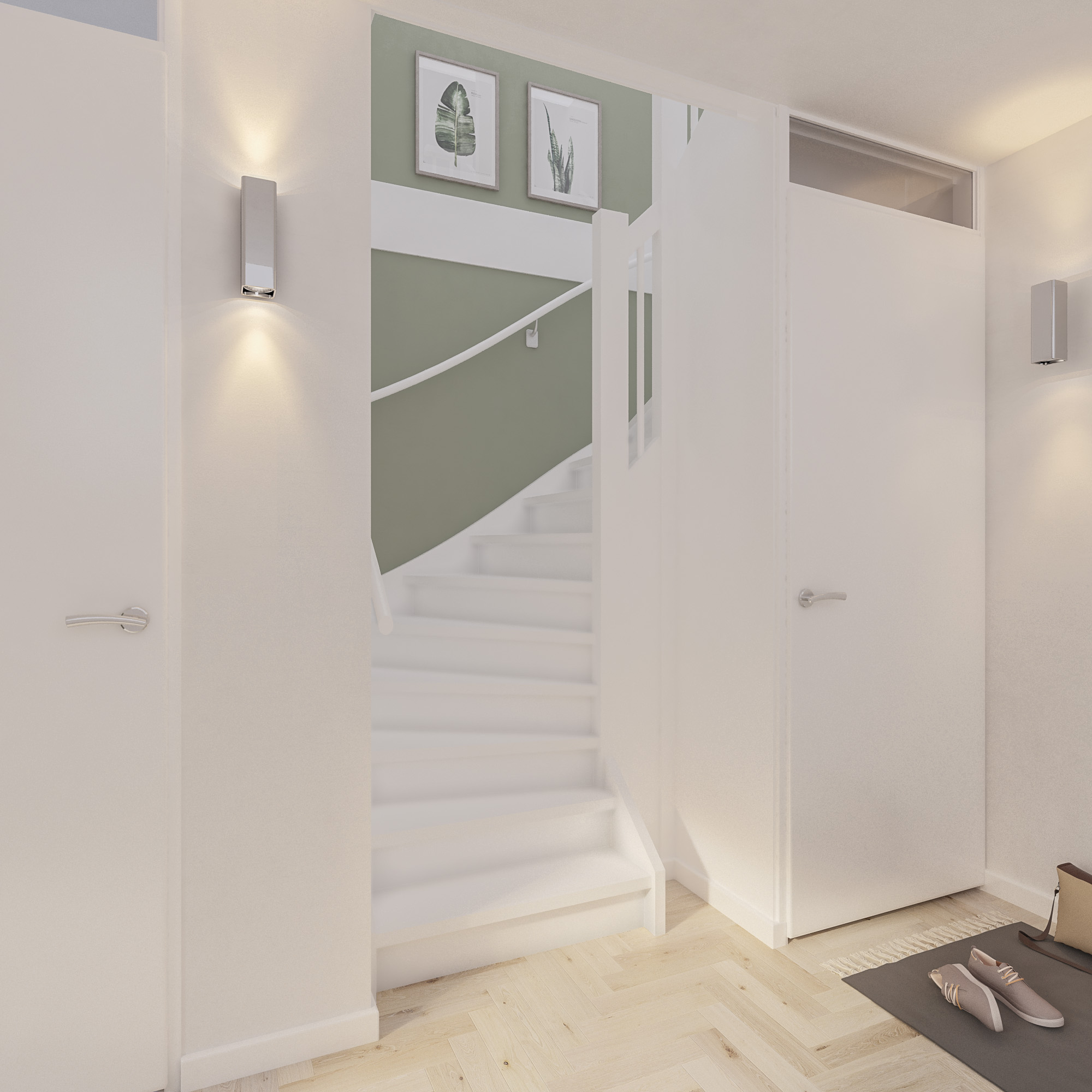 Render afbeelding van een vurenhouten open S-trap in de hal