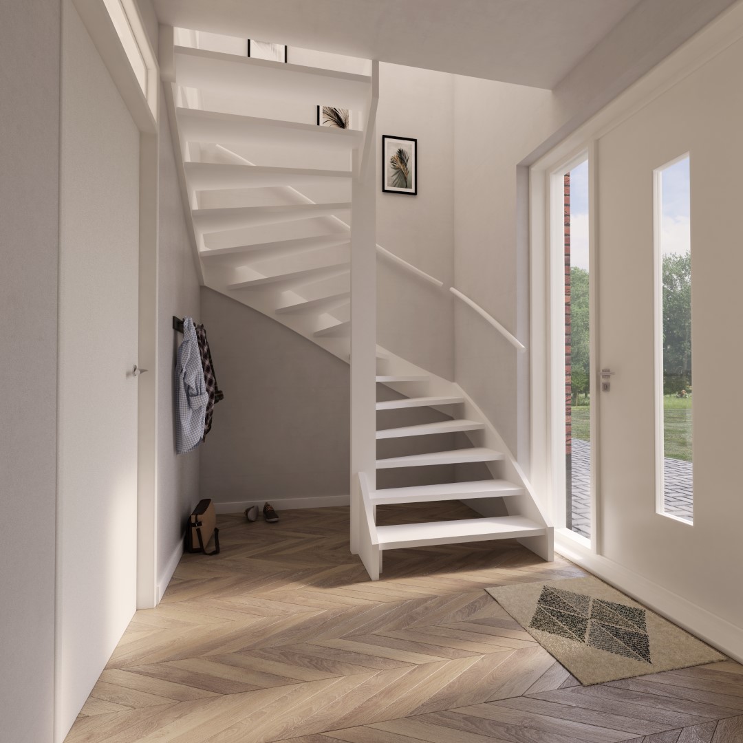 Render afbeelding van een vurenhouten open halfslag trap in de hal