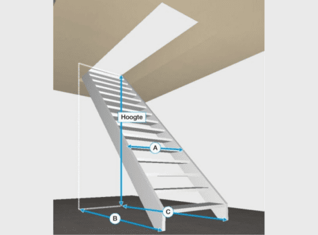 Werktekening van een steektrap met daarin pijlen om iets aan te duiden